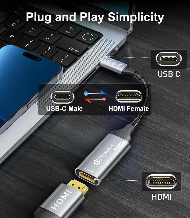 REBORN USB-C to HDMI 2.1 Adapter 8K@60Hz, Type C to HDMI Converter 4K@144Hz [Thunderbolt 3/4 Compatible] - Supports 48Gbps, Adapter HDMI for MacBook Pro/Air, iPad, Other USB-C Laptops - Image 4